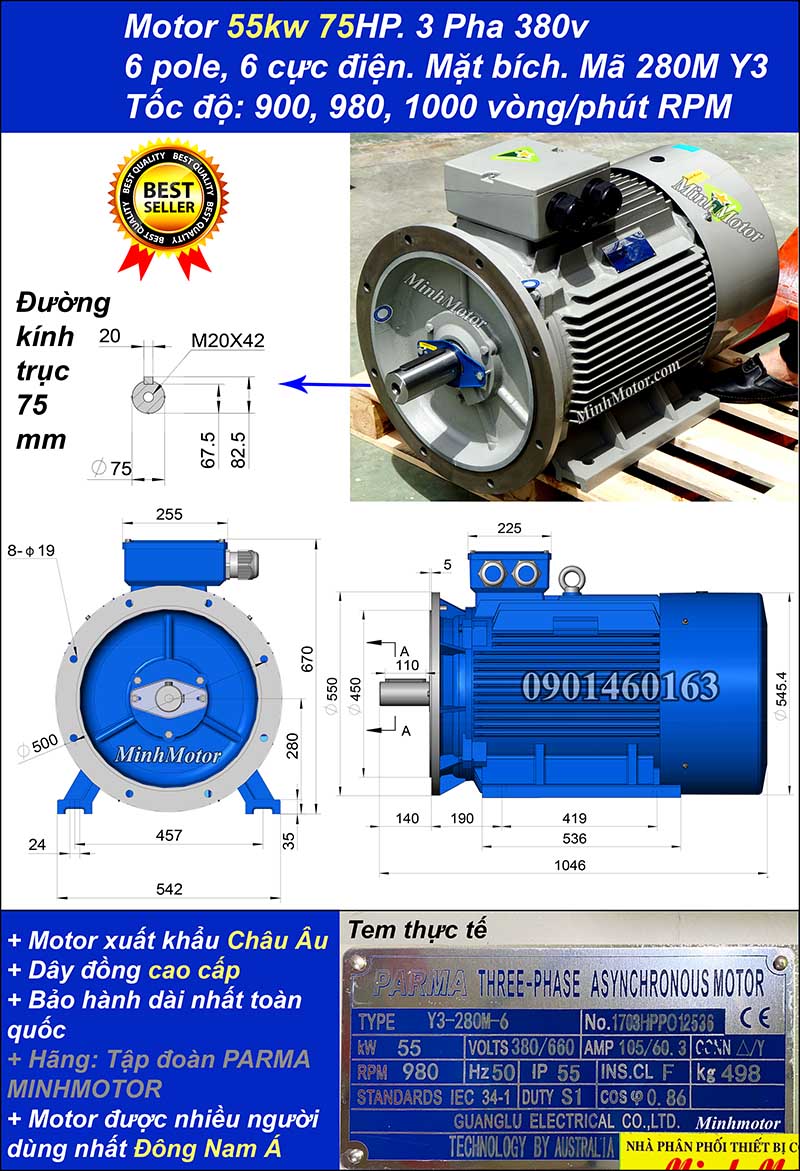Motor điện ABB 55kw 75hp 6 cực mặt bích