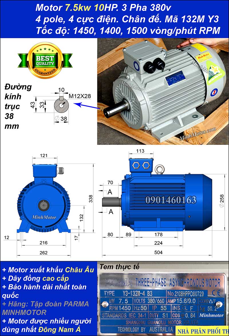 Motor ABB 7.5kw 10hp 1400 - 1500 vòng/phút chân đế
