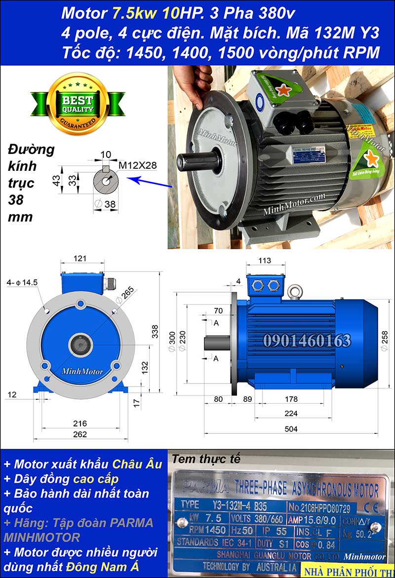 Động cơ điện ABB 7.5kw 10hp 1400 - 1500 vòng/phút mặt bích