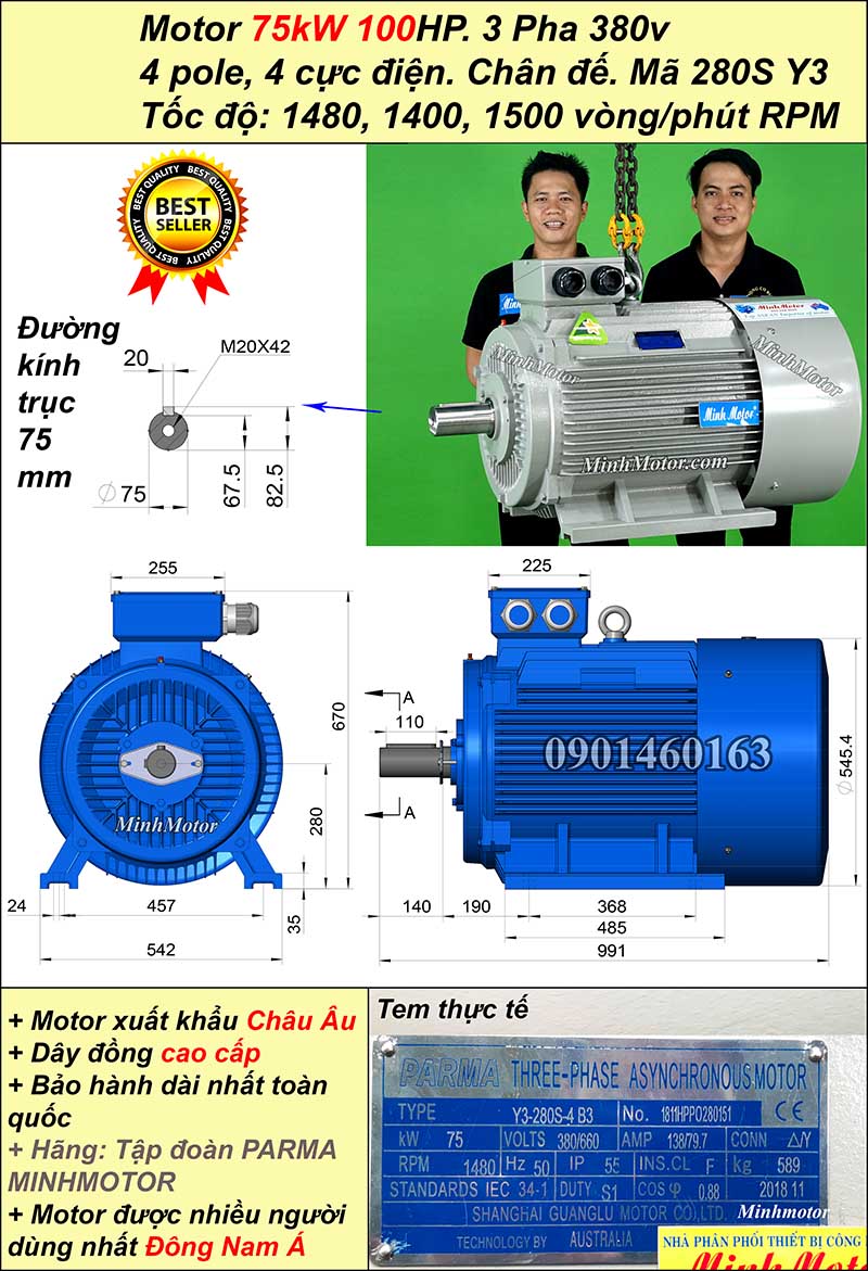 Motor ABB 75kw 100hp 1400 - 1500 vòng/phút chân đế