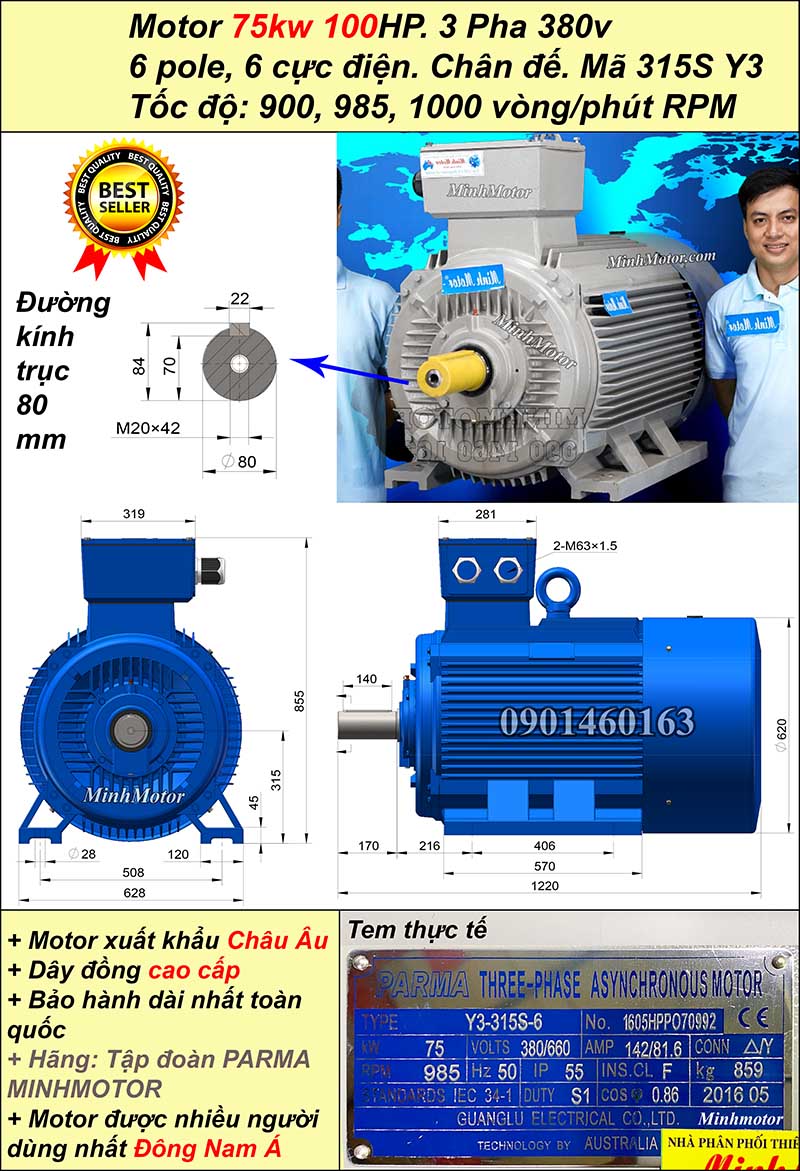 Động cơ điện ABB 75kw 100hp 900 - 1000 vòng/phút chân đế