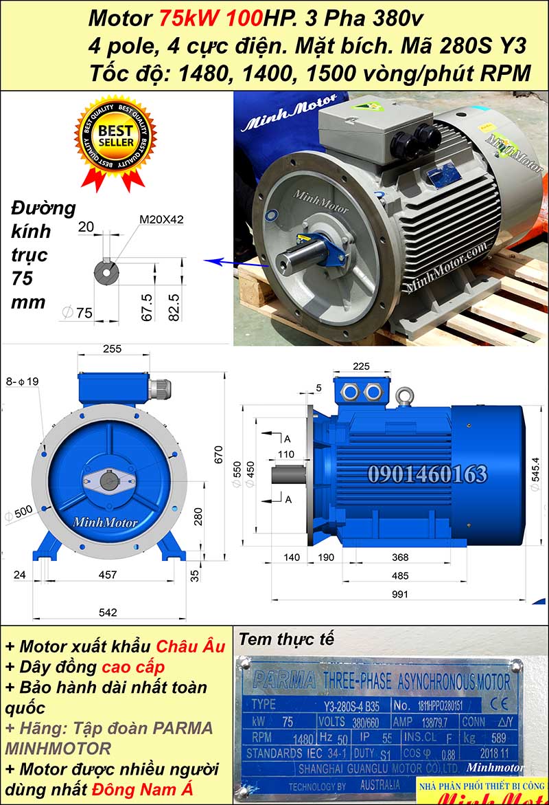Động cơ điện ABB 75kw 100hp 1400 - 1500 vòng/phút mặt bích