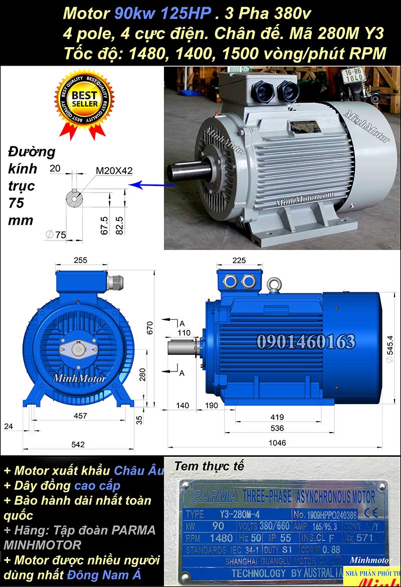 Motor Teco 90kw 125hp 1400 - 1500 vòng/phút chân đế