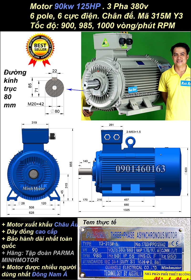 Động cơ điện ABB 90kw 125hp 900 - 1000 vòng/phút chân đế