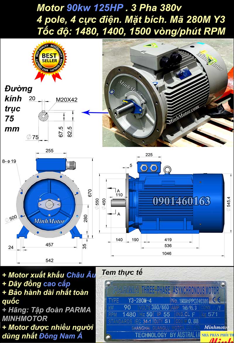 Động cơ điện Hitachi 90kw 125hp 1400 - 1500 vòng/phút mặt bích