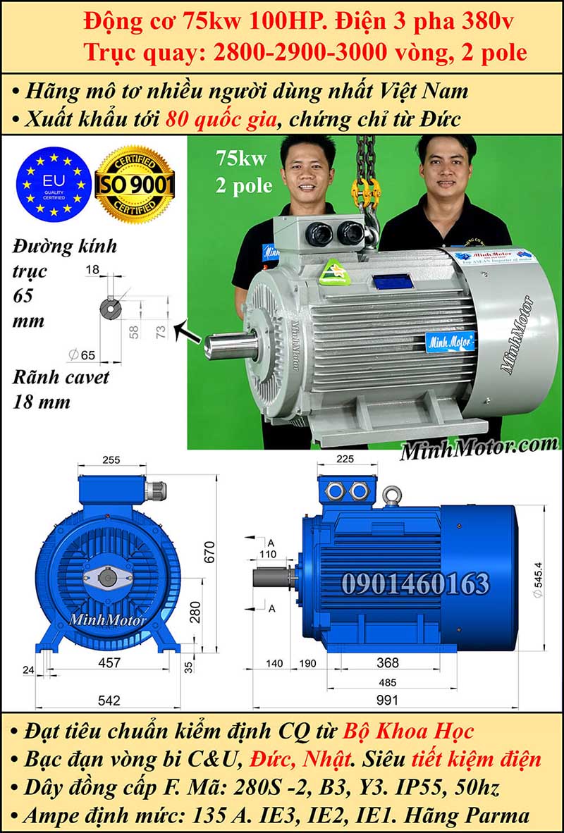 Động cơ điện Julong 75kw 100hp 2800 - 3000 vòng/phút chân đế100