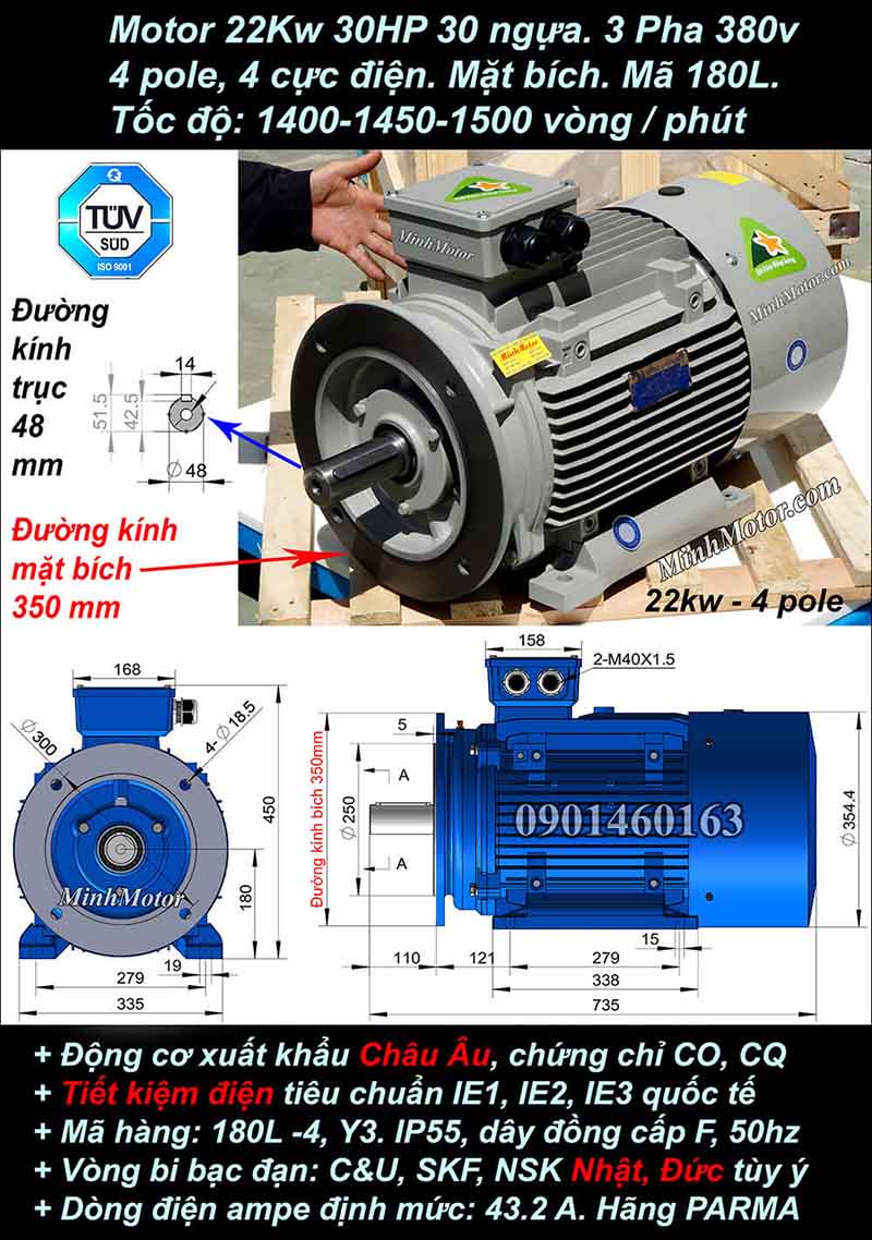 Động cơ điện Julong 22kw 30kw 1400 - 1500 vòng/phút mặt bích