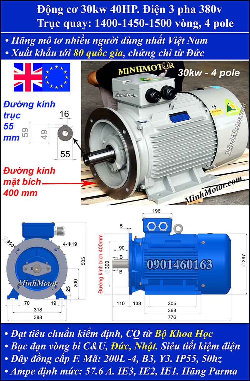 Động cơ điện Julong 30kw 40hp 1400 - 1500 vòng/phút mặt bích