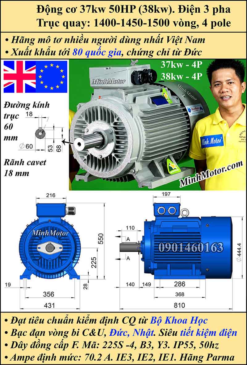 Motor Julong 37kw 50hp 1400 - 1500 vòng/phút chân đế