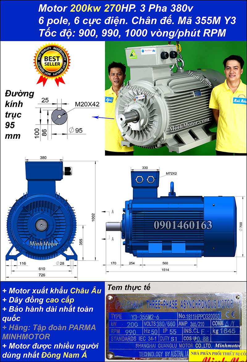 Động cơ điện Teco 200kw 270hp 900 - 1000 vòng/phút chân đế