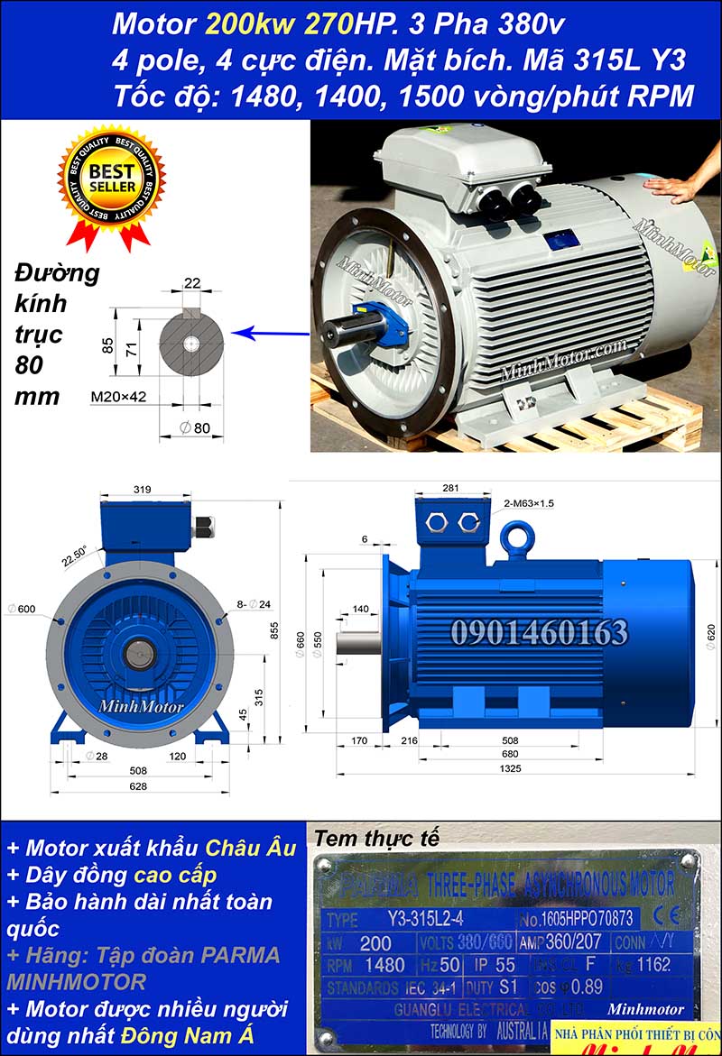 Động cơ điện Teco 200kw 270hp 1400 - 1500 vòng/phút mặt bích