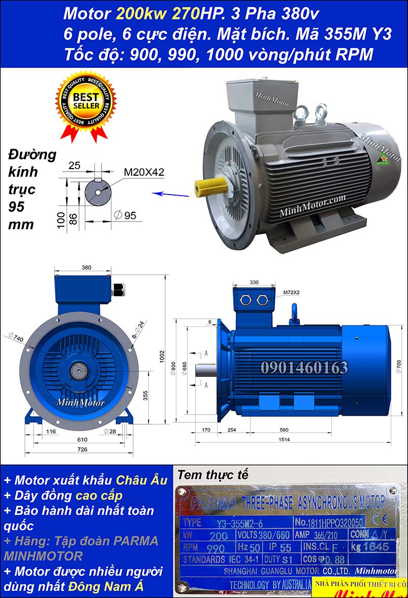 Động cơ Teco 200kw 270hp 6 cực mặt bích