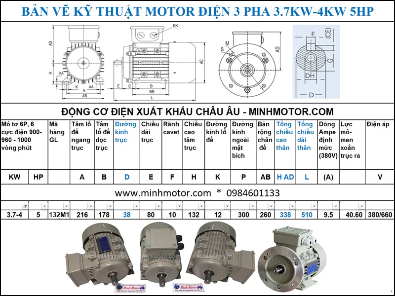 dong co dien 3 pha 5hp 4kw 6 cuc dien 900 960 1000 vong phut