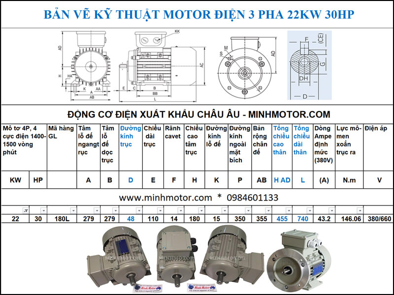 dong co dien 3 pha 30hp 22kw 4 cuc dien 1400 1450 1500 vong phut