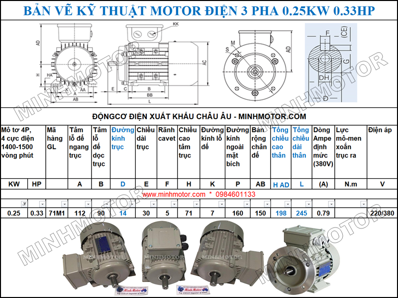 Bản vẽ cataloge Động Cơ Điện 3 Pha 0.34HP 0.25Kw 4 Cực