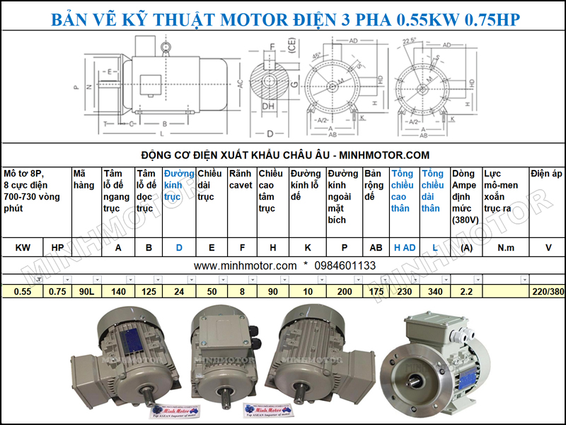 Bản vẽ cataloge Động Cơ Điện 3 Pha 0.75HP 0.55Kw 8 Cực
