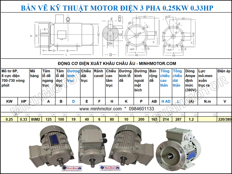 Bản vẽ cataloge Động Cơ Điện 3 Pha 0.34HP 0.25Kw 8 Cực