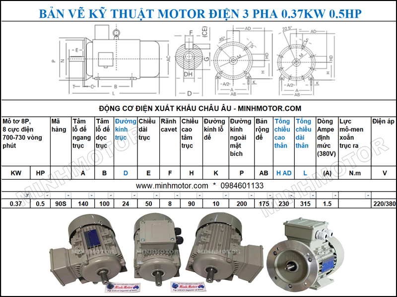 Bản vẽ cataloge Động Cơ Điện 3 Pha 0.5HP 0.37Kw 8 Cực