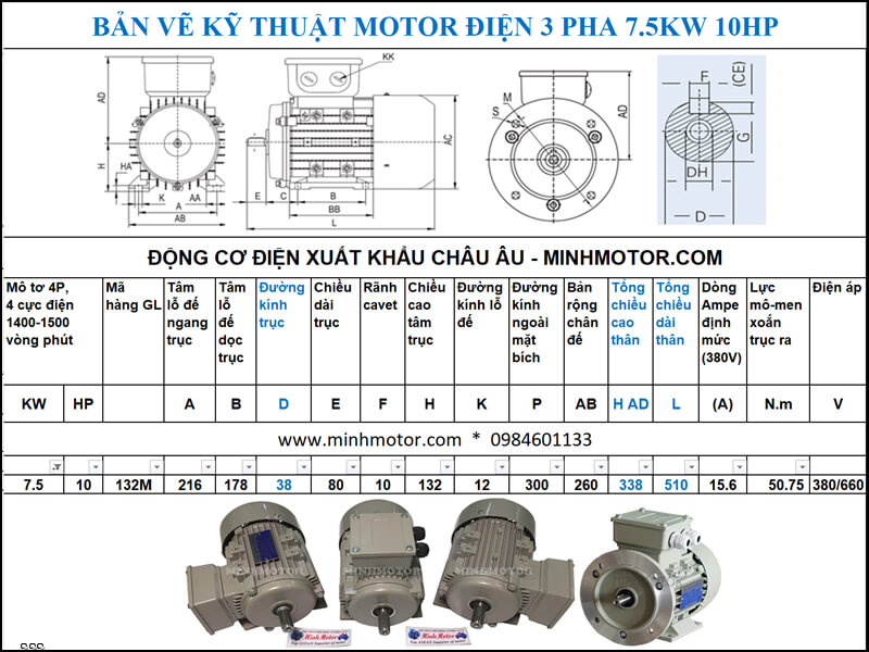 Bản vẽ kỹ thuật Motor Julong 7.5kw 10Hp 10 ngựa 3 Pha 4P