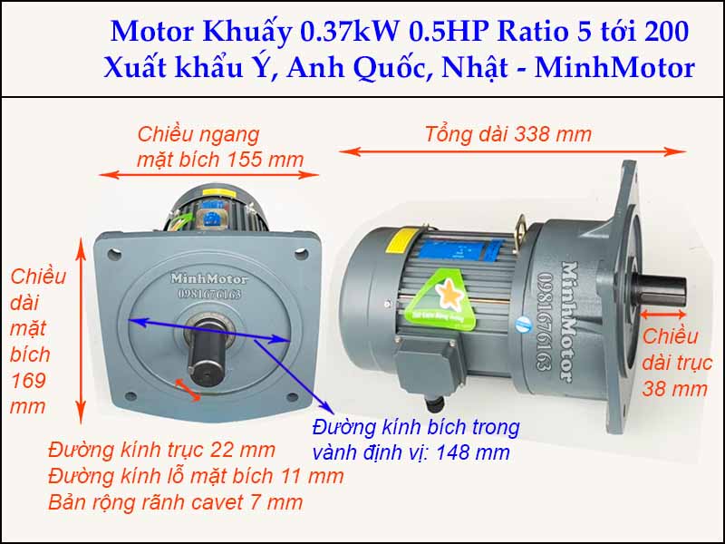 Động cơ khuấy 0.37kw 0.5hp 2 ngựa GV bích vuông