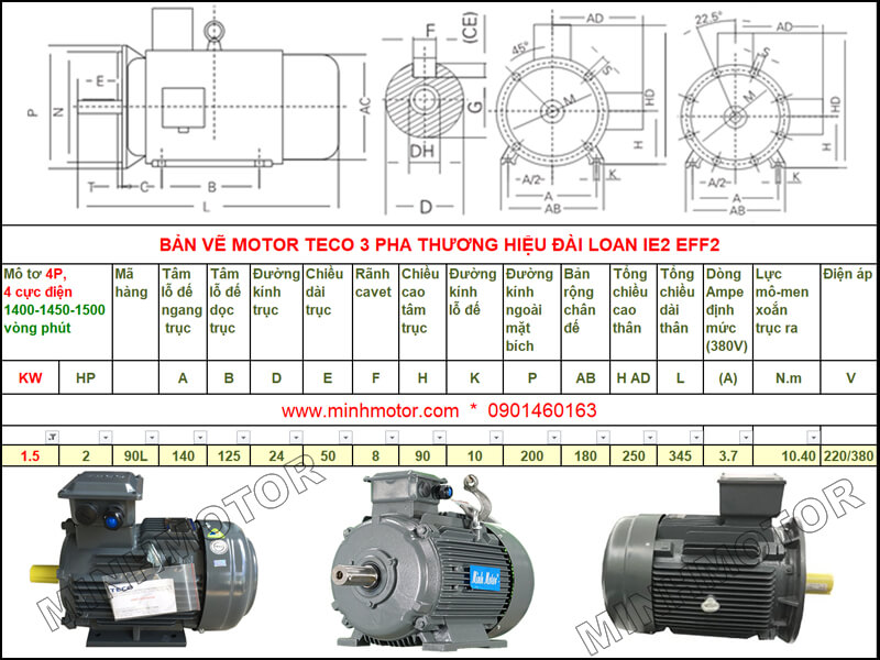 Bản vẽ kỹ thuật motor Teco 1.5kw 2HP 4 cực điện