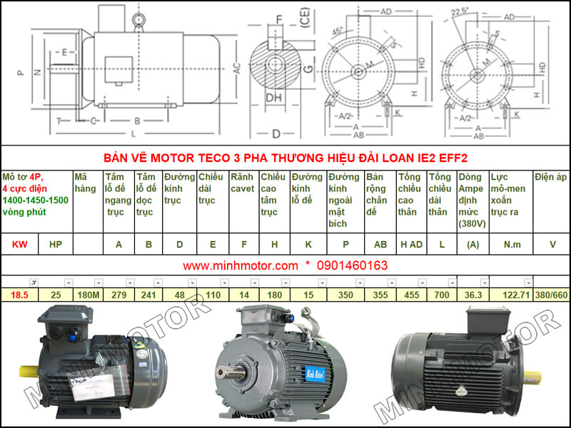 Bản vẽ kỹ thuật motor Teco 18.5kw 25HP 4 cực điện
