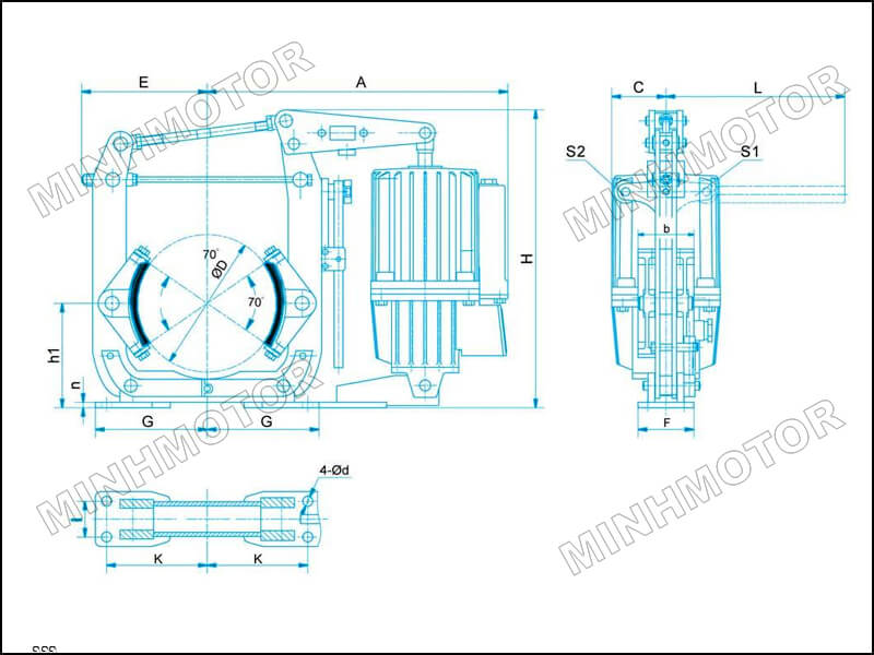 Bản vẽ kích thước Phanh thủy lực cầu trục thủy 300 ED 80/6