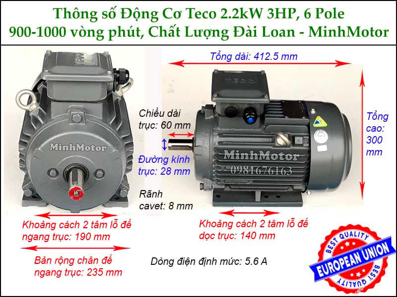 Thông số kích thước cataloge motor Teco 2.2kw 3HP 6 cực điện