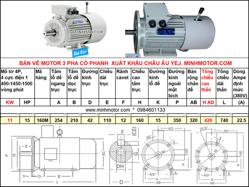 Bản vẽ motor có thắng 15HP, động cơ phanh 11kw