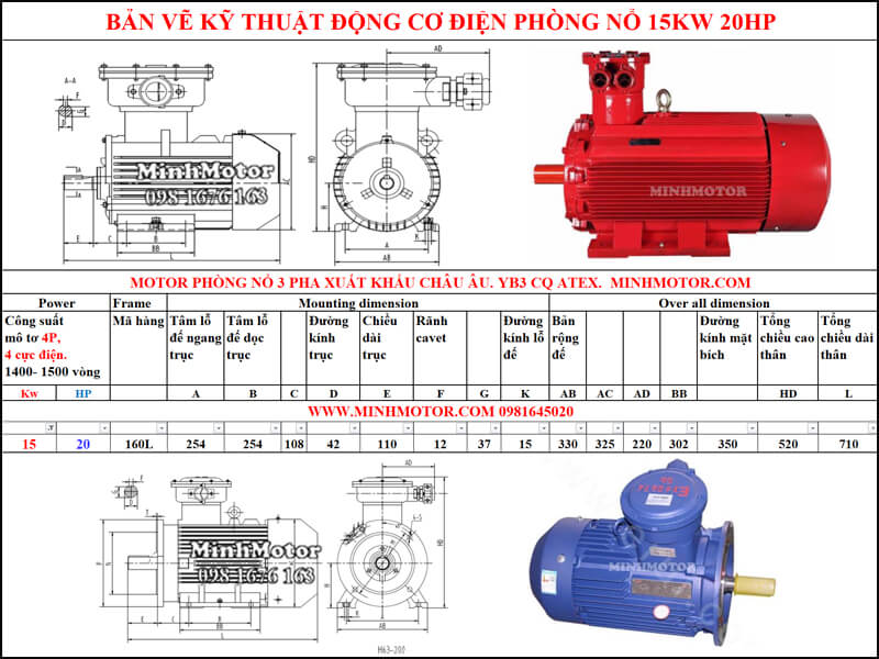 Bản vẽ motor phòng nổ chân đế 15kw 20HP 4 pole 1400-1500 vòng/phút