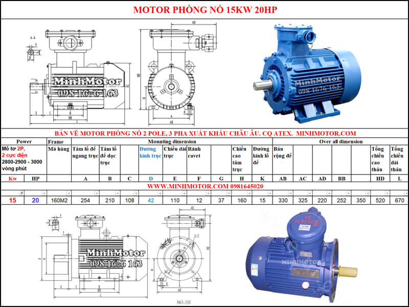 Thông số Động Cơ Điện Phòng Nổ 15kw 2 cực 2 Pole 2900 vòng/phút
