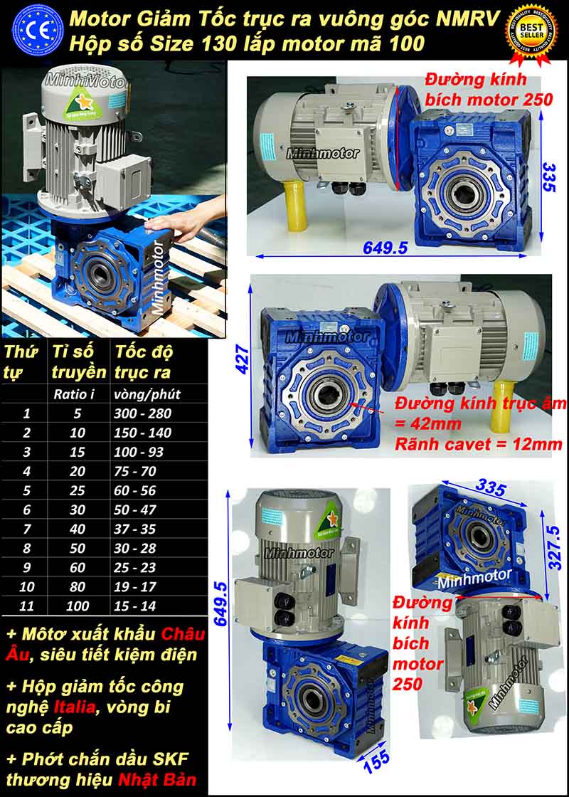 Motor giảm tốc cốt âm 4HP 3Kw NMRV 380v,trục 42 mm