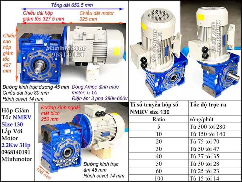 Bản vẽ công suất motor 2.2kw 3hp lắp với hộp số size 130 NMRV
