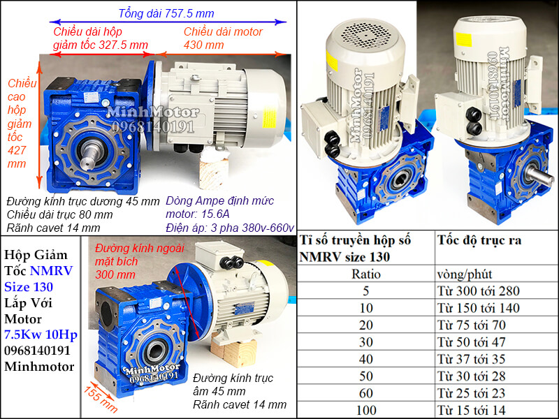Bản vẽ công suất motor 7.5kw 10hp lắp với hộp số size 130 NMRV