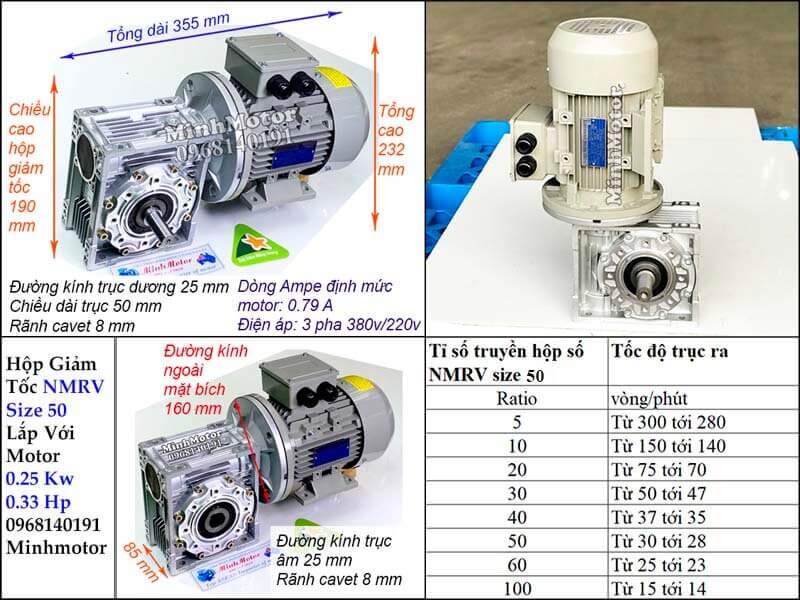 Bản vẽ công suất motor 0.25kw 1/3hp lắp với hộp số size 50 NMRV