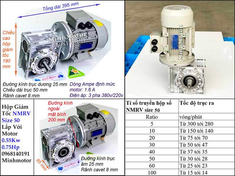 Thông số công suất motor 0.55 kw 0.75hp gắn hộp số giảm tốc size 50 NMRV