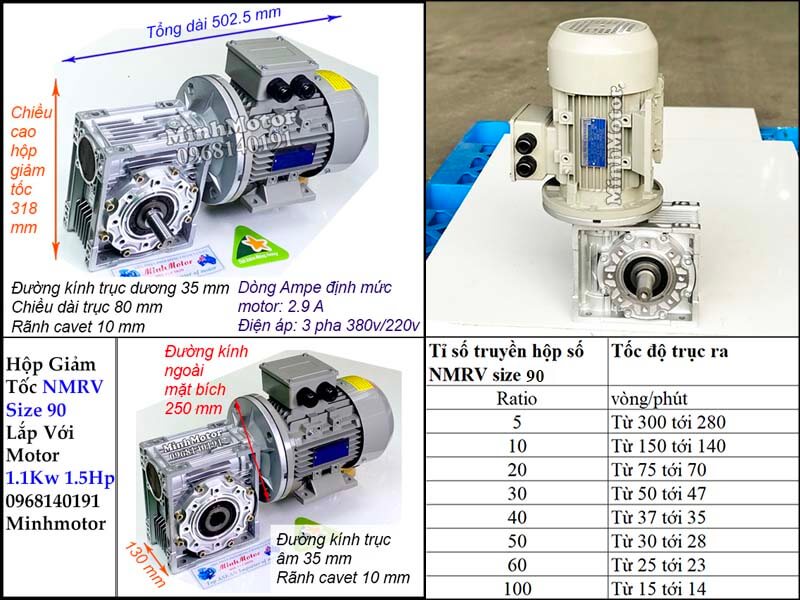 Bản vẽ công suất motor 1.1kw 1.5hp lắp với hộp số size 90 NMRV