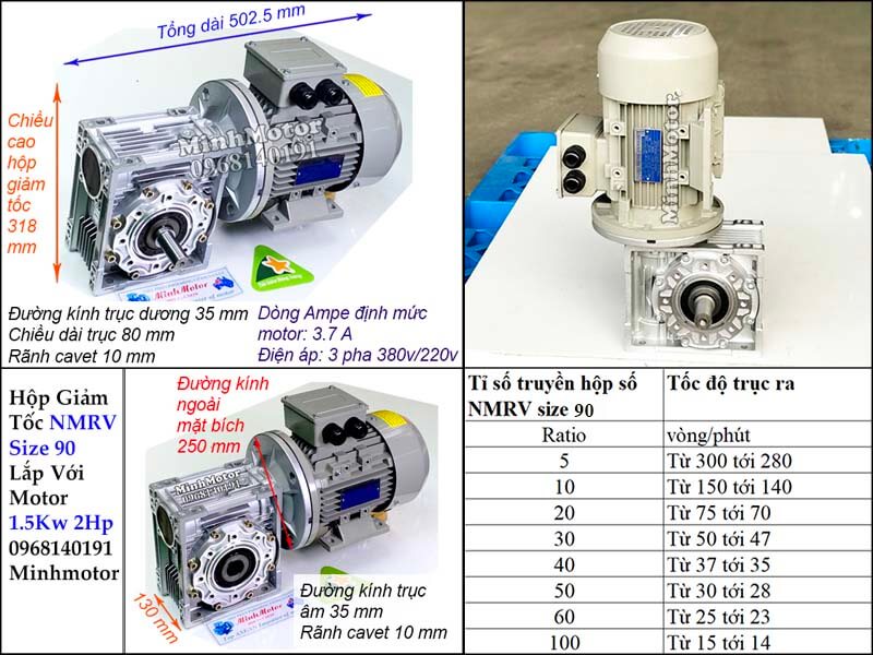 Bản vẽ công suất motor 1.5kw 2hp lắp với hộp số size 90 NMRV