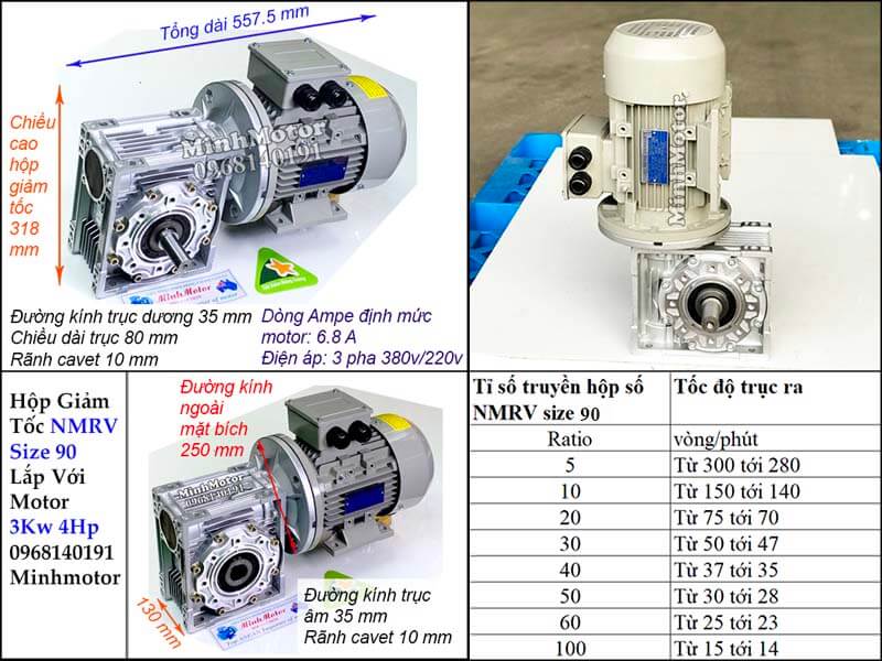 Bản vẽ công suất motor 3kw 4hp lắp với hộp số size 90 NMRV