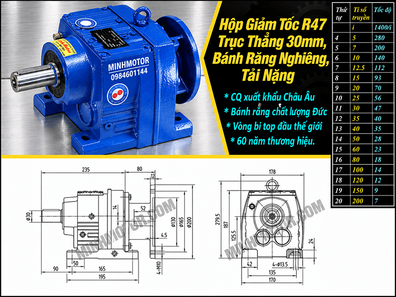 Bản vẽ k&iacute;ch thước hộp giảm tốc R47