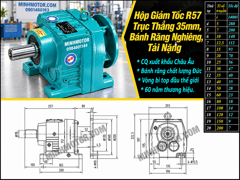 Bản vẽ k&iacute;ch thước hộp giảm tốc R57