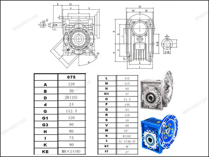 bản vẽ hộp giảm tốc NMRV RV size 63 dùng cho mô tơ 0.8kw 0.75kw 1hp 1 ngựa 4P