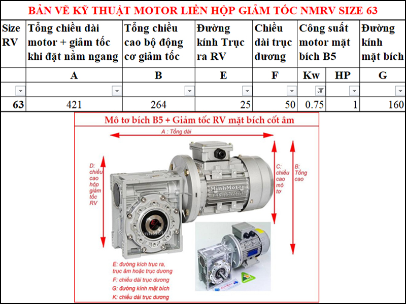 Động cơ bích B5 0.8kw 1Hp liền hộp giảm tốc NMRV mặt bích cốt âm size 63