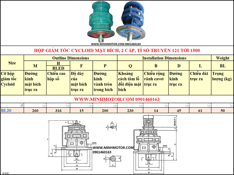 Hộp Giảm tốc Cycloid 0.75kw 1HP, X42, B20, tỉ số truyền 121