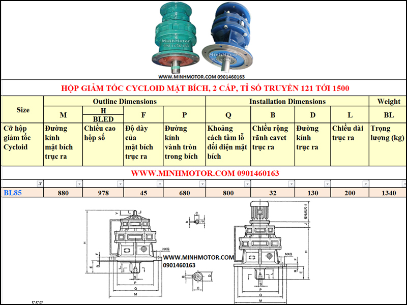 Hộp Giảm tốc Cycloid 5.5kw 7.5HP, X117, B85, tỉ số truyền 595, 731, 841