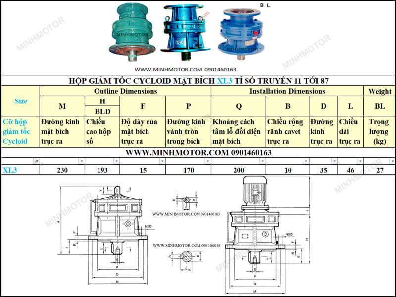 Bản vẽ hộp giảm tốc XL3 Cycloid 1.1Kw 1.5Hp mặt bích
