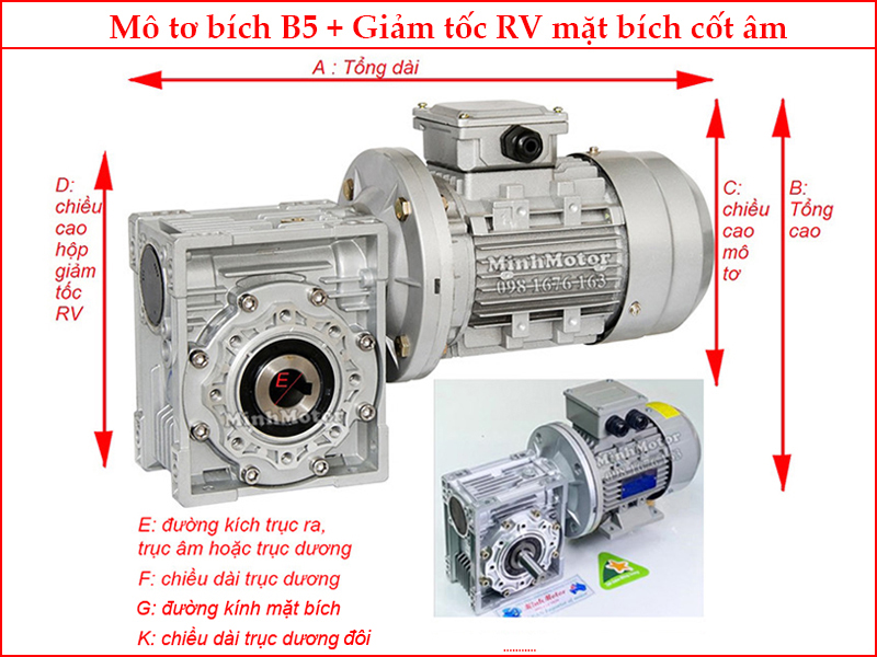 Bản vẽ khi gắn motor 1.5kw 2HP 2 ngựa mặt bích B5 + hộp số NMRV 75