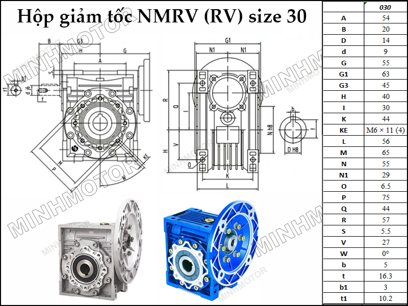 Bản vẽ kỹ thuật hộp giảm tốc NMRV 30 trục âm còn gọi là NMRV size 50 mặt bích