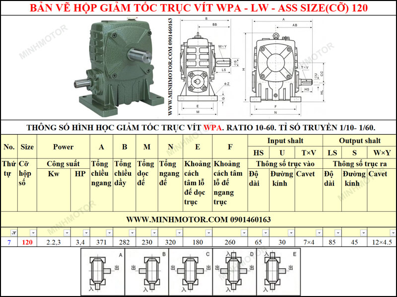 Bản vẽ kỹ thuật hộp giảm tốc trục vít WPA-LW-ASS size 120