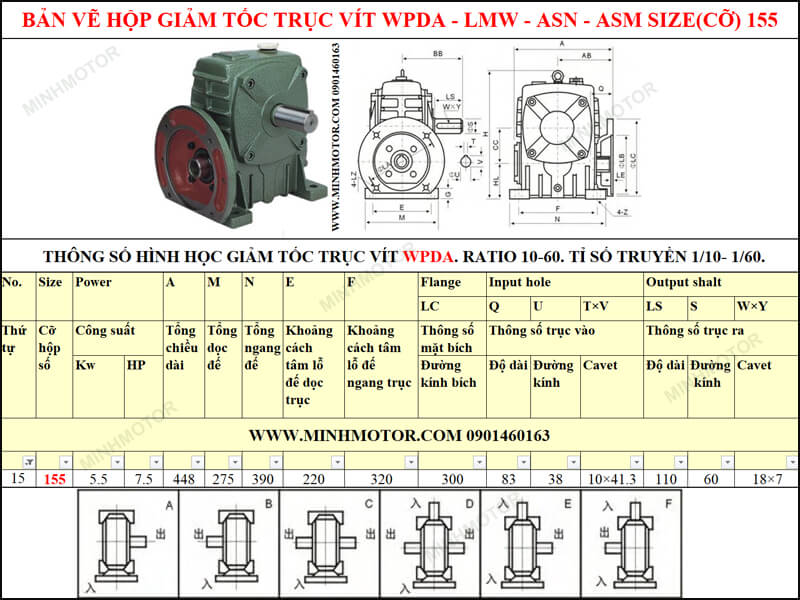 Bản vẽ kỹ thuật hộp giảm tốc trục vít WPDA-LMW-ASN-ASM size 155